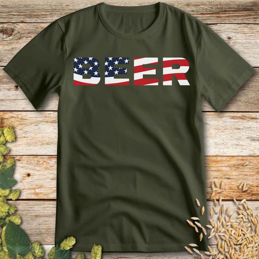 Beer American Flag T-Shirt in Military Green - Funny beer shirt for craft beer lovers