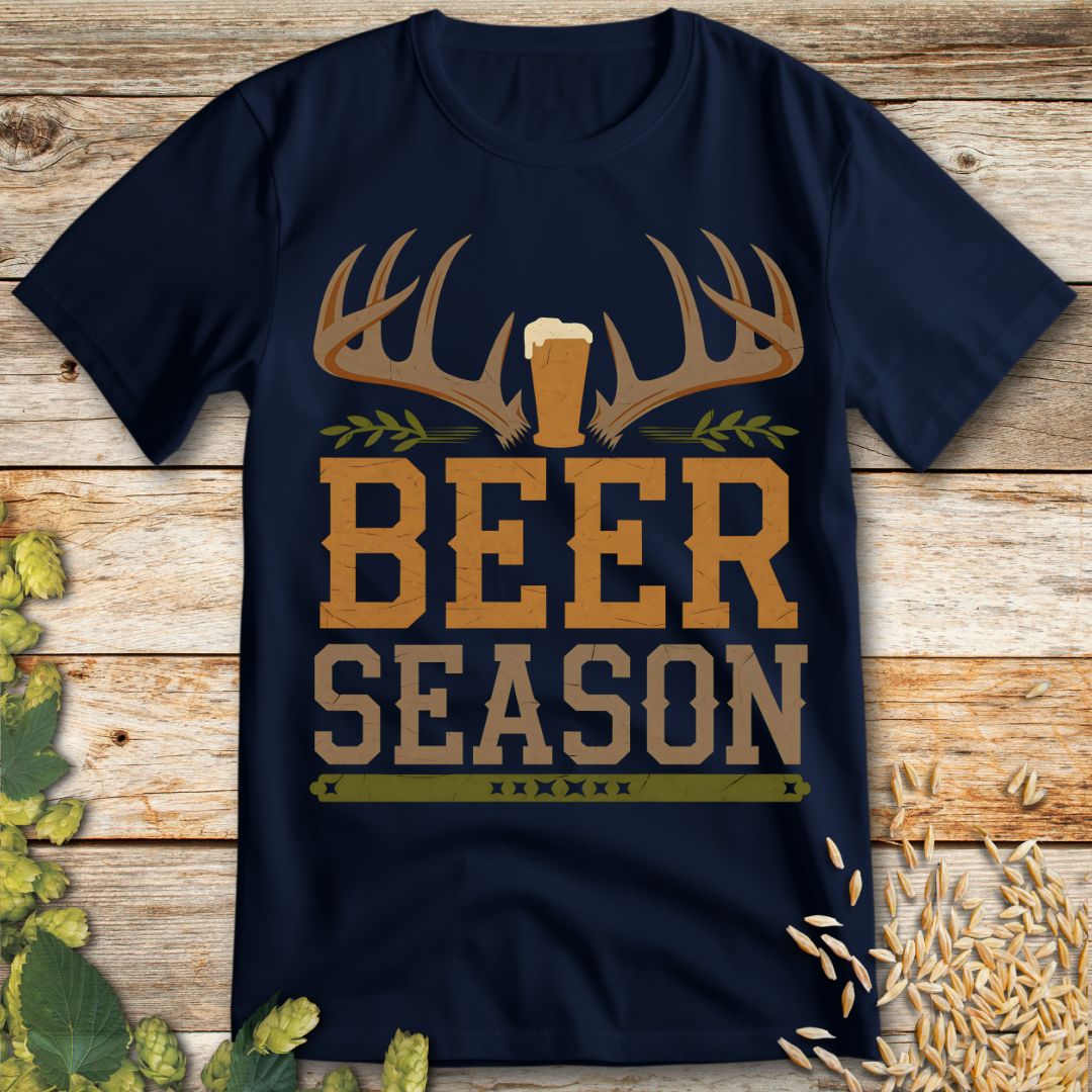 Beer Season Hunting T-Shirt in Navy - Funny beer shirt for craft beer lovers