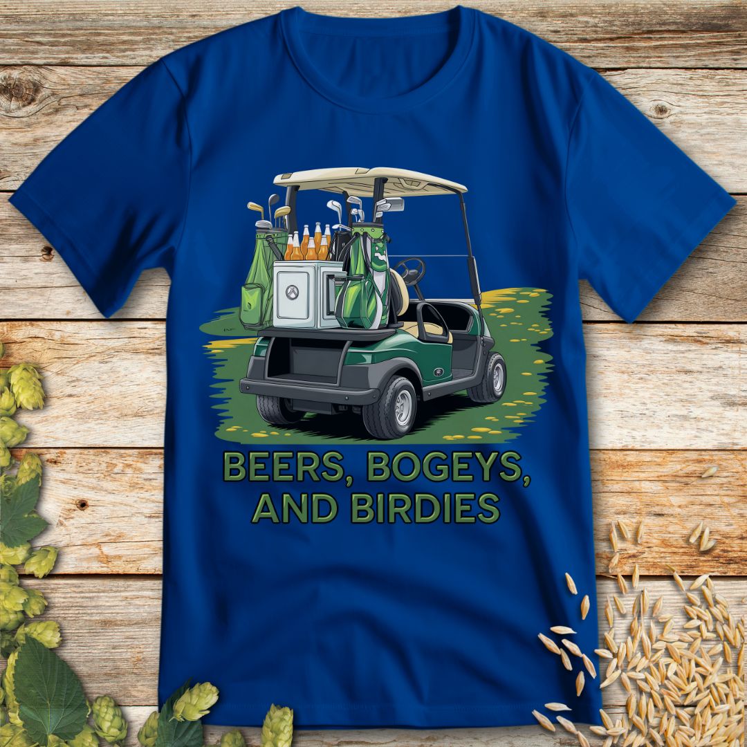 Beers, Bogeys, and Birdies T-Shirt in Royal Blue - Funny beer shirt for craft beer lovers