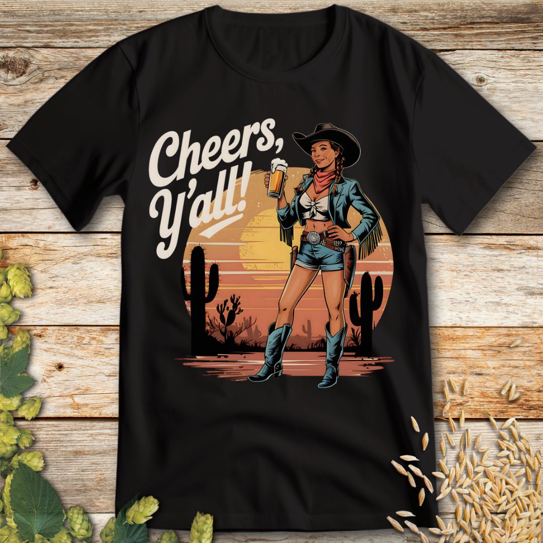 Cheers Yall Beer Cowgirl T-Shirt in Black - Funny beer shirt for craft beer lovers