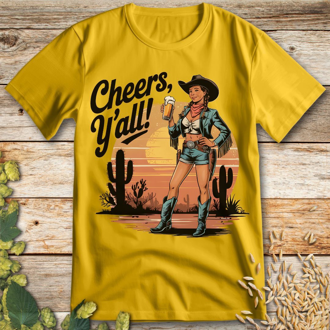 Cheers Yall Beer Cowgirl T-Shirt in Daisy - Funny beer shirt for craft beer lovers