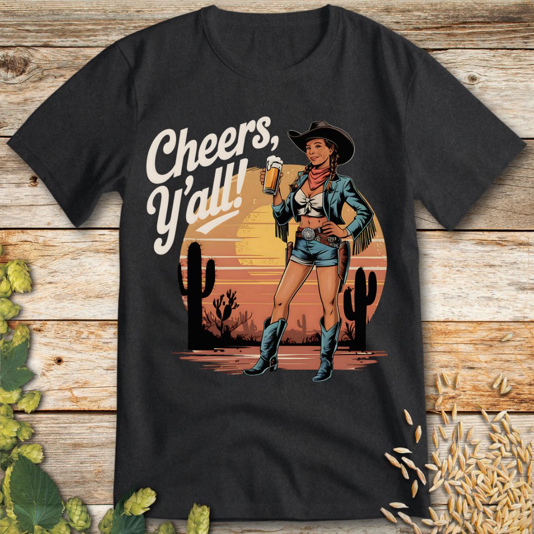 Cheers Yall Beer Cowgirl T-Shirt in Dark Heather - Funny beer shirt for craft beer lovers