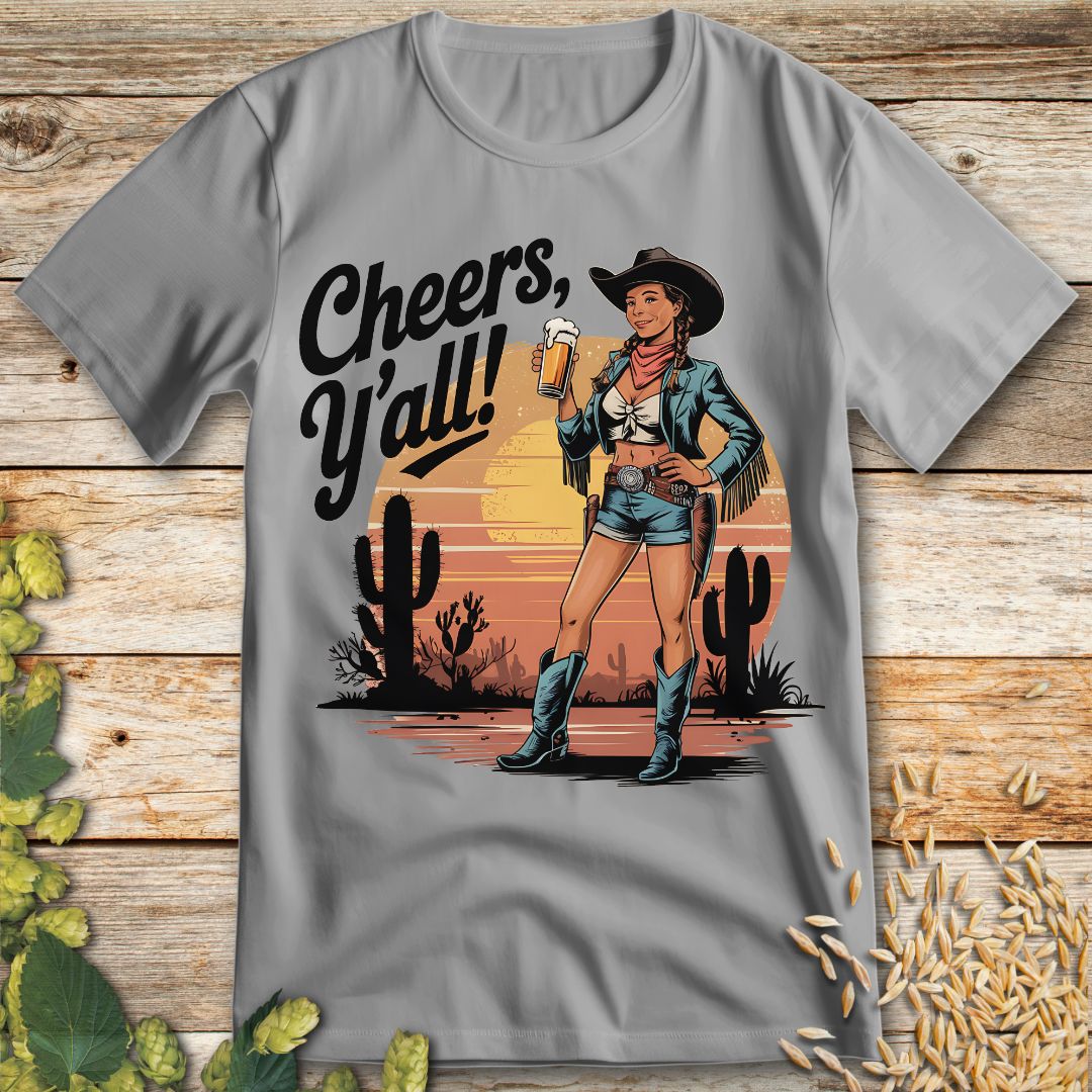 Cheers Yall Beer Cowgirl T-Shirt in Ice Grey - Funny beer shirt for craft beer lovers