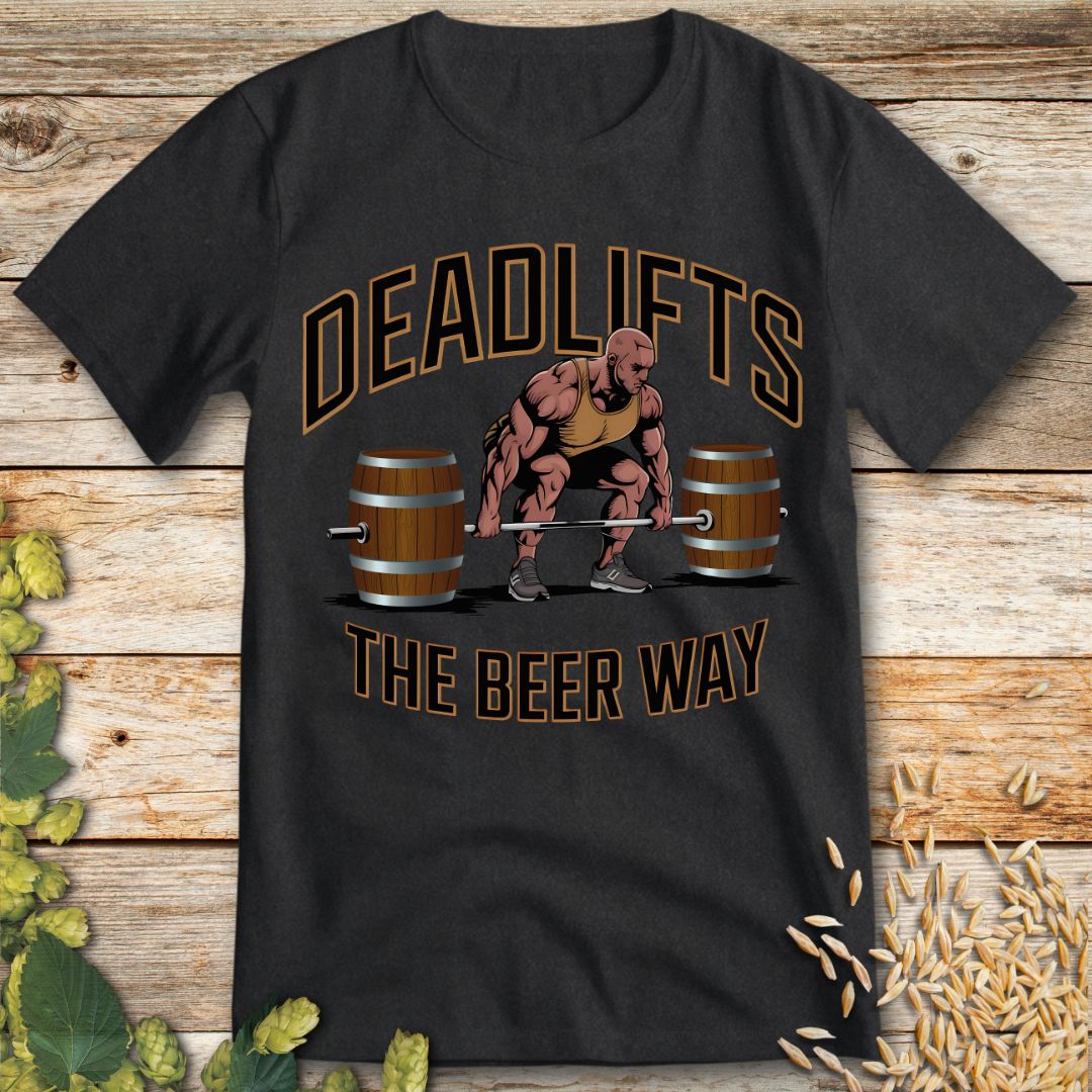 Deadlifts the Beer Way T-Shirt in Dark Heather - Funny beer shirt for craft beer lovers