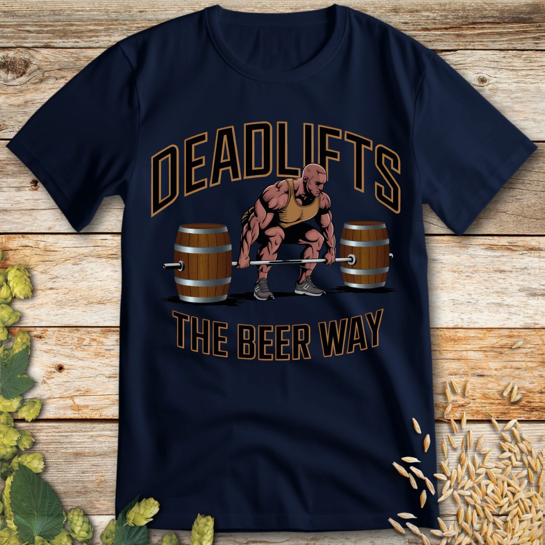 Deadlifts the Beer Way T-Shirt in Navy - Funny beer shirt for craft beer lovers