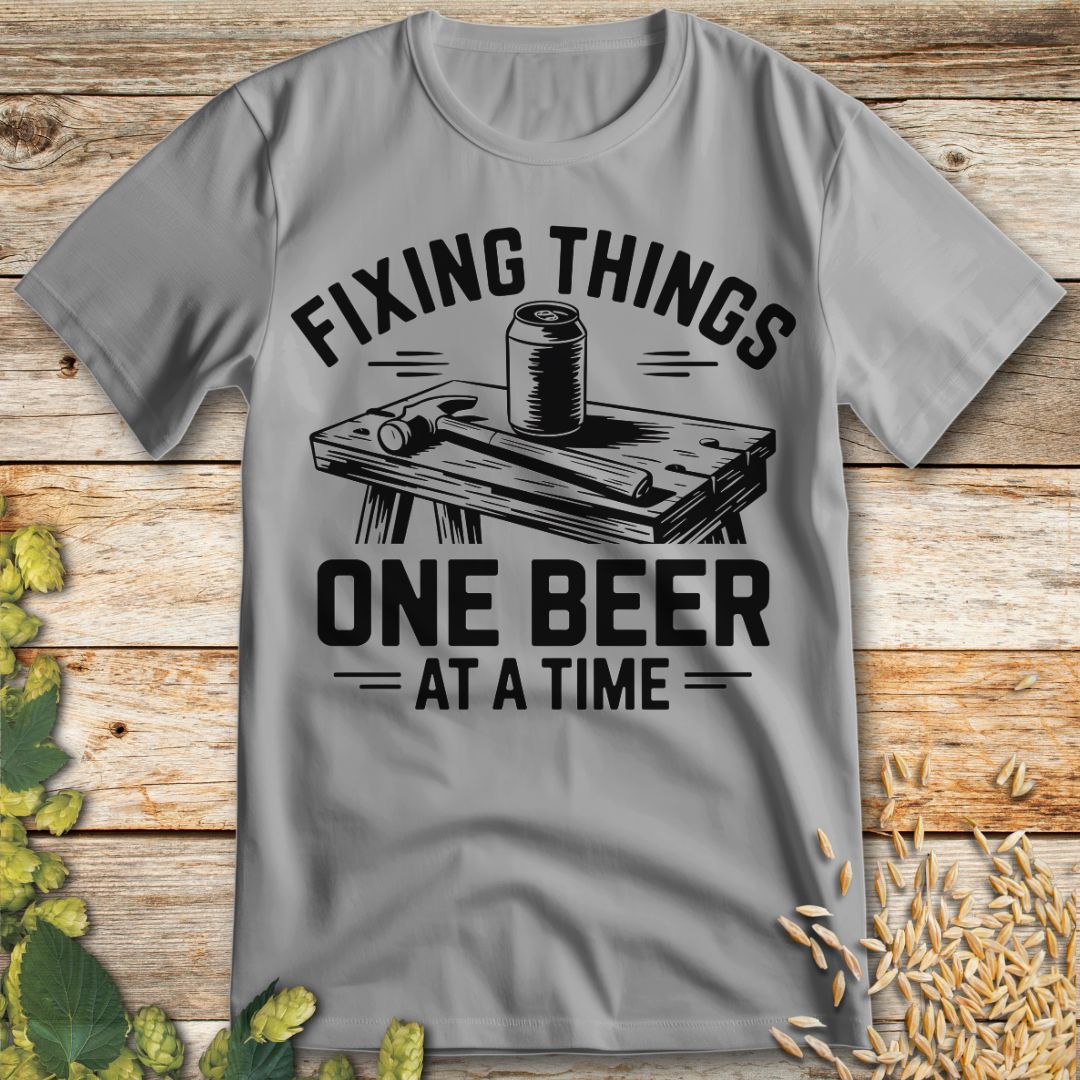 Fixing Things One Beer at a Time T-Shirt in Ice Grey - Funny beer shirt for craft beer lovers