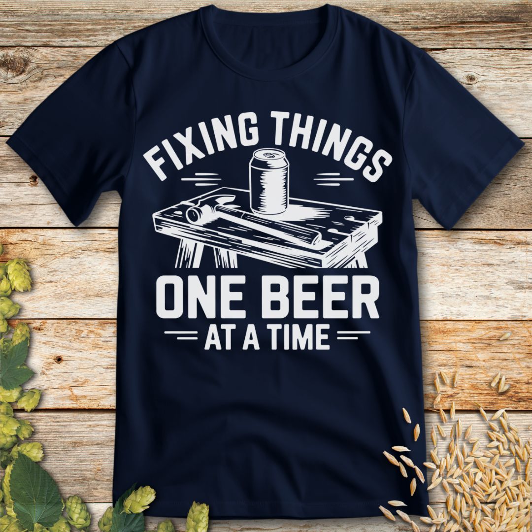 Fixing Things One Beer at a Time T-Shirt in Navy - Funny beer shirt for craft beer lovers