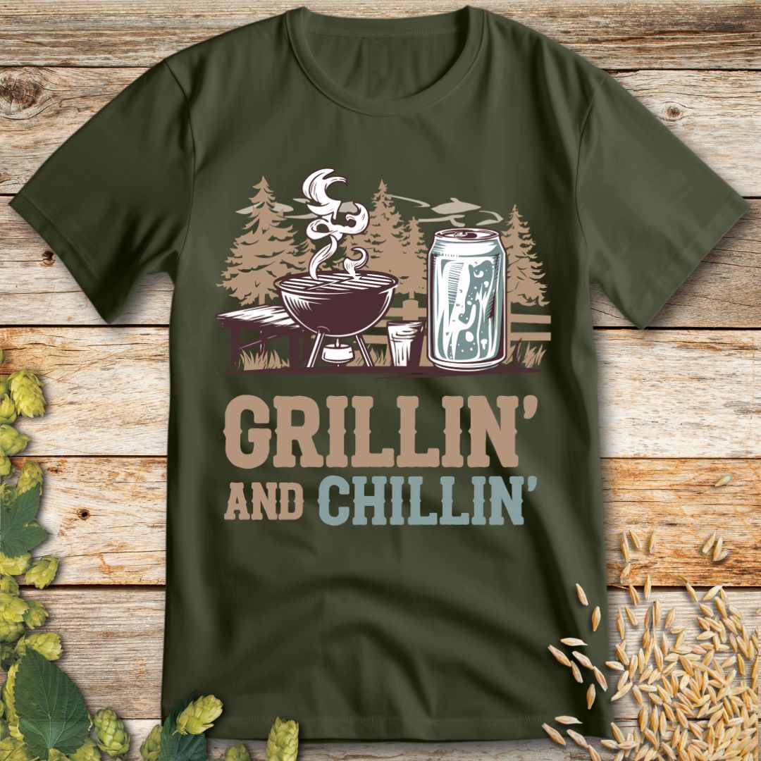 Grillin and Chillin T-Shirt in Military Green - Funny beer shirt for craft beer lovers