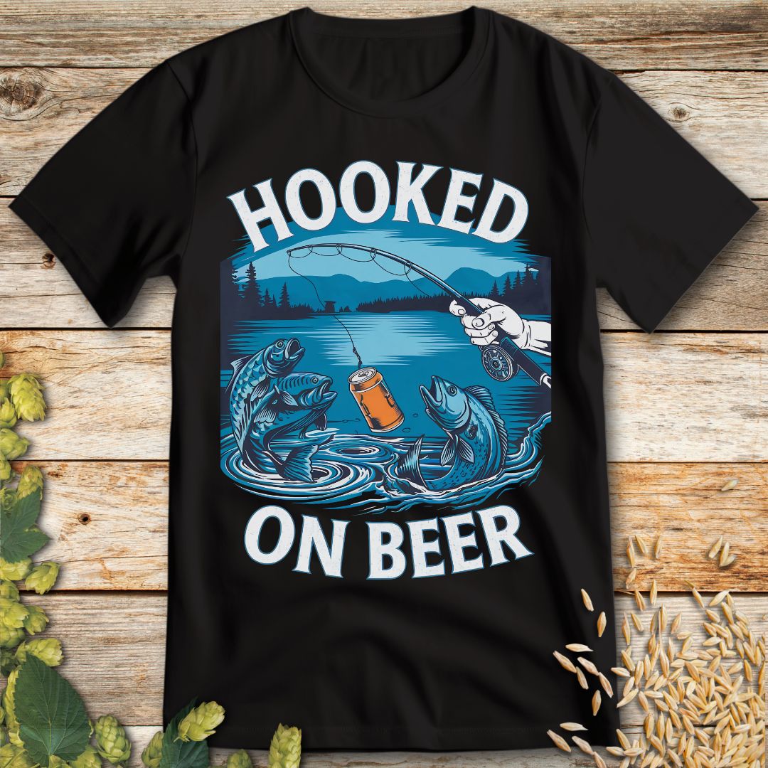 Hooked on Beer Fishing T-Shirt in Black - Funny beer shirt for craft beer lovers