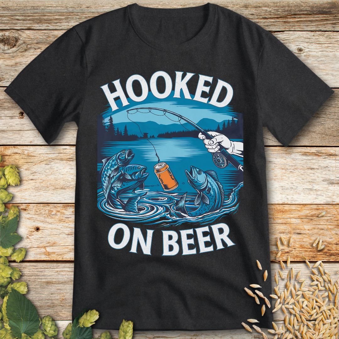 Hooked on Beer Fishing T-Shirt in Dark Heather - Funny beer shirt for craft beer lovers