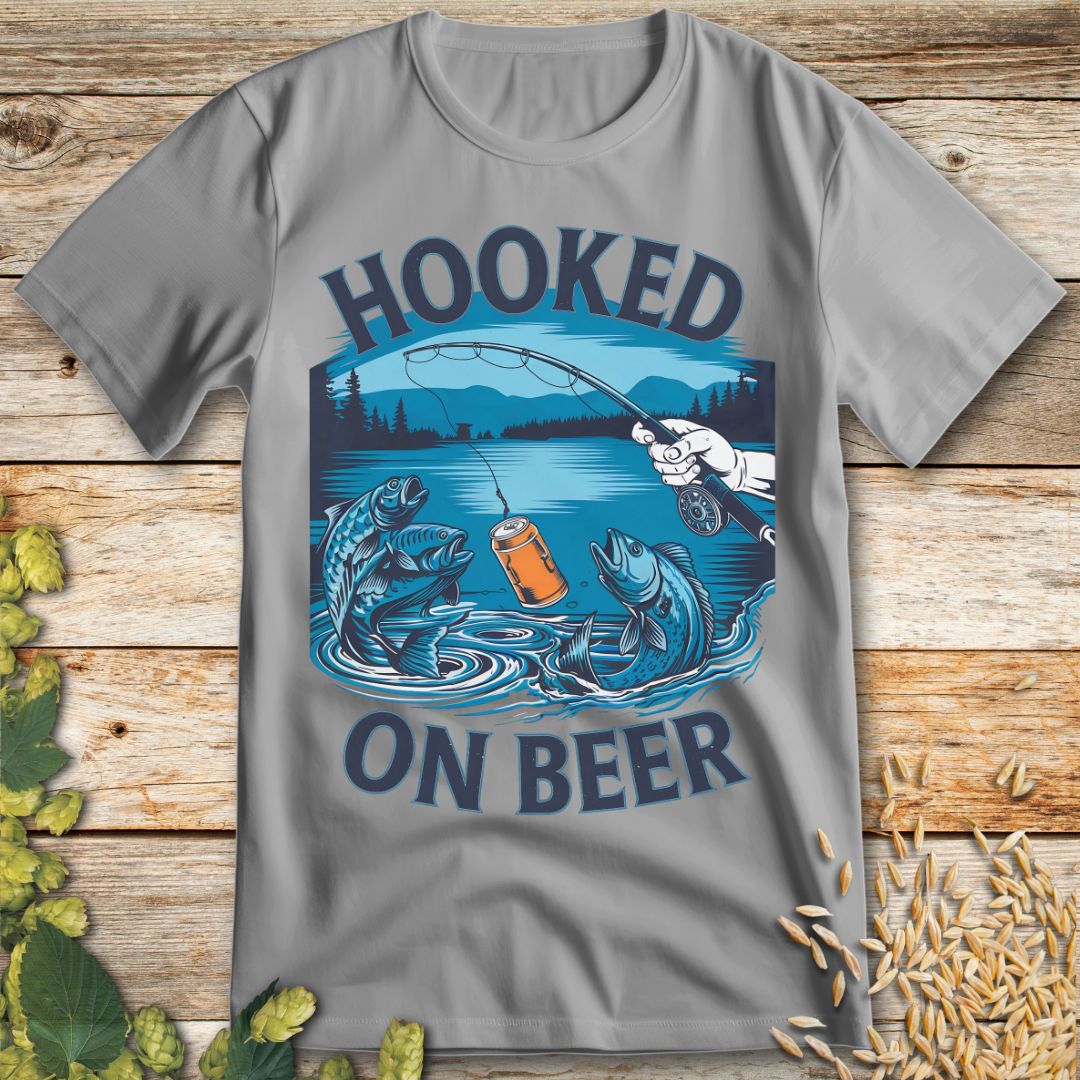 Hooked on Beer Fishing T-Shirt in Ice Grey - Funny beer shirt for craft beer lovers
