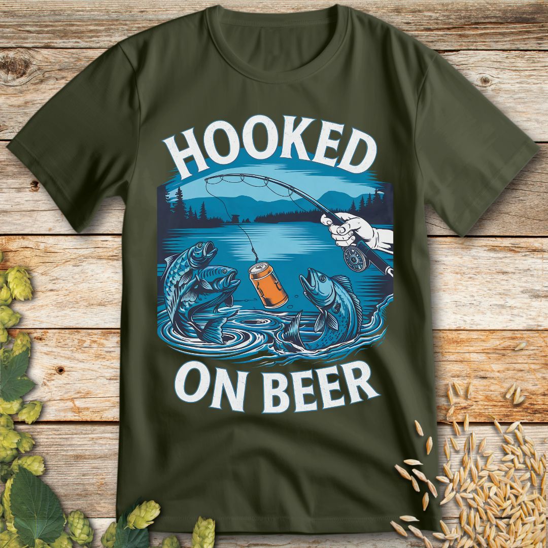 Hooked on Beer Fishing T-Shirt in Military Green - Funny beer shirt for craft beer lovers