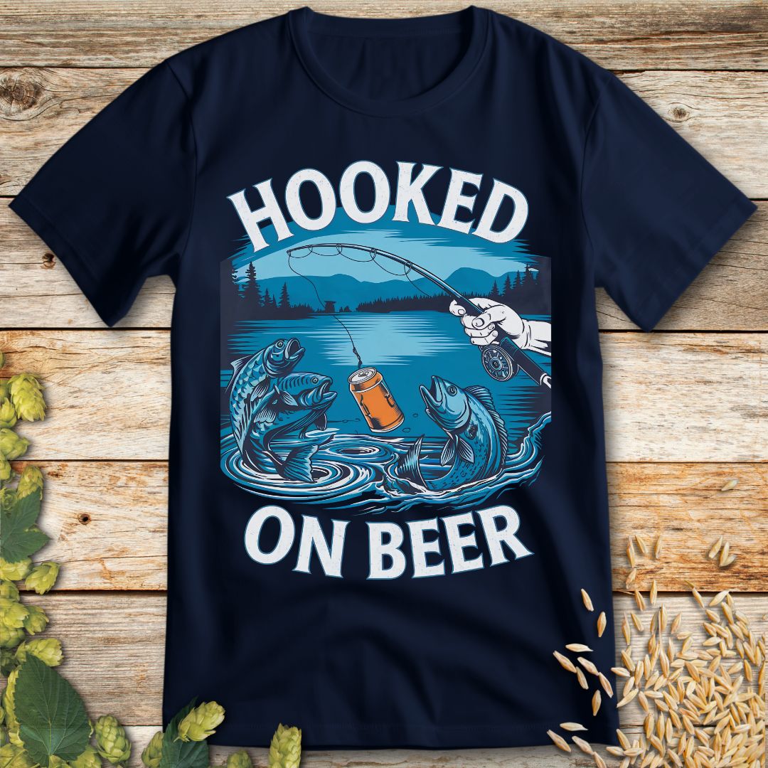Hooked on Beer Fishing T-Shirt in Navy - Funny beer shirt for craft beer lovers