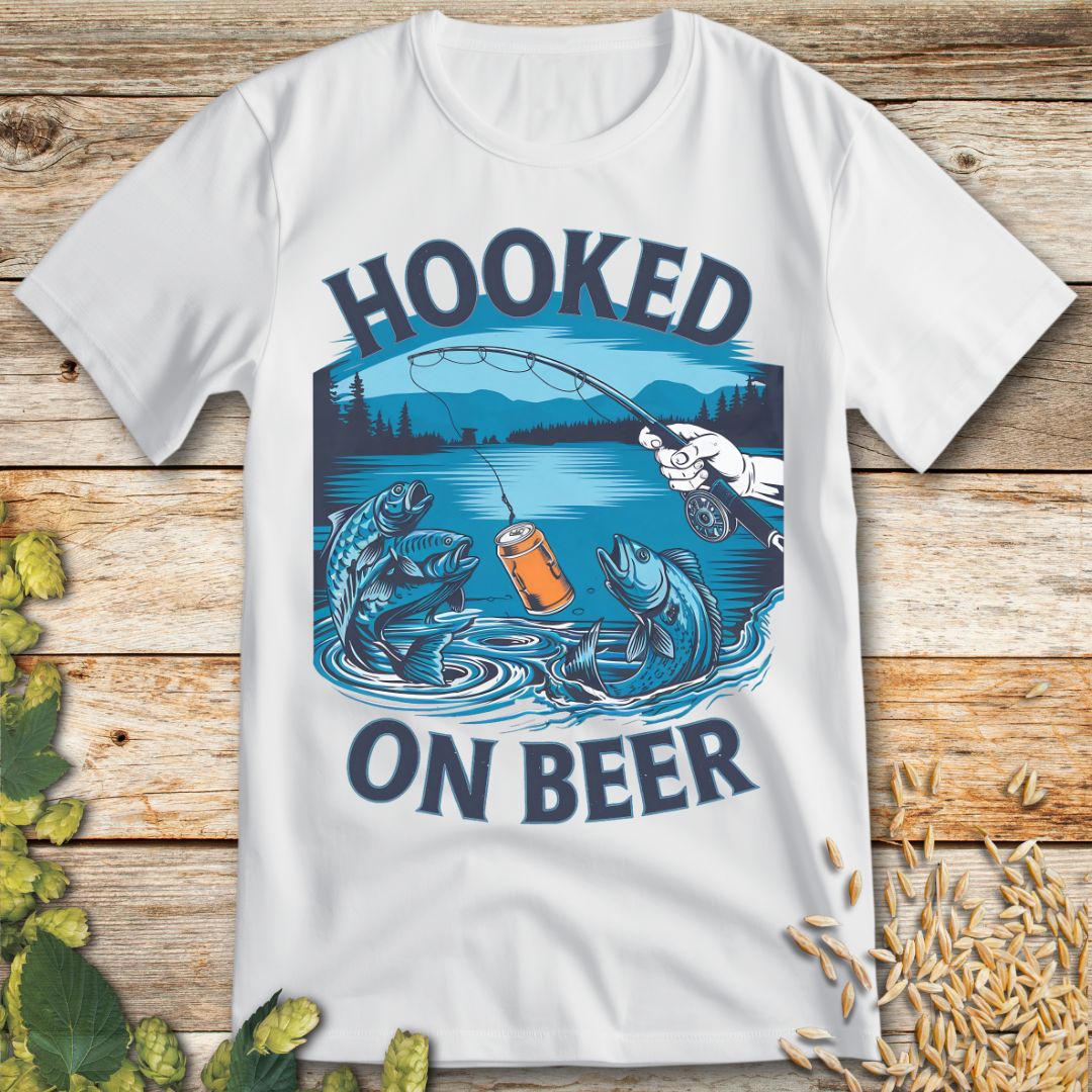Hooked on Beer Fishing T-Shirt in White - Funny beer shirt for craft beer lovers