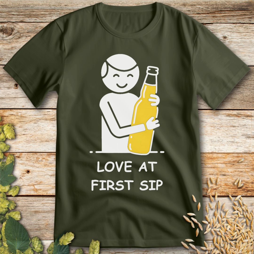 Love at First Sip T-Shirt in Military Green - Funny beer shirt for craft beer lovers