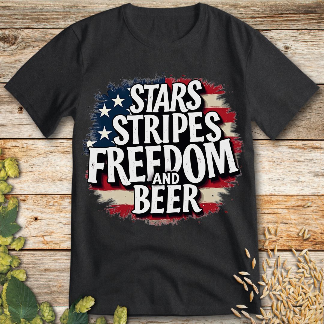 Stars Stripes Freedom and Beer T-Shirt in Dark Heather - Funny beer shirt for craft beer lovers