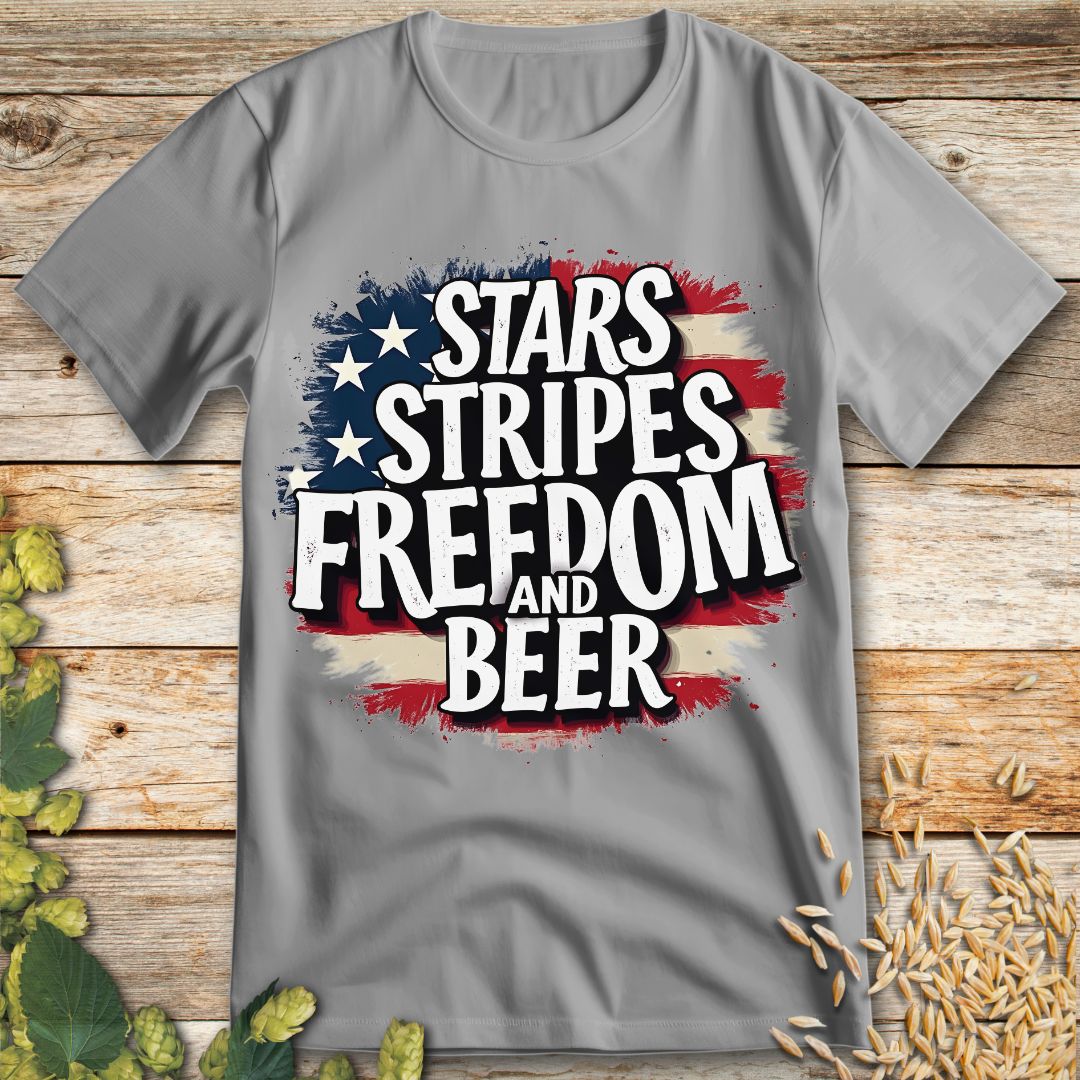 Stars Stripes Freedom and Beer T-Shirt in Ice Grey - Funny beer shirt for craft beer lovers