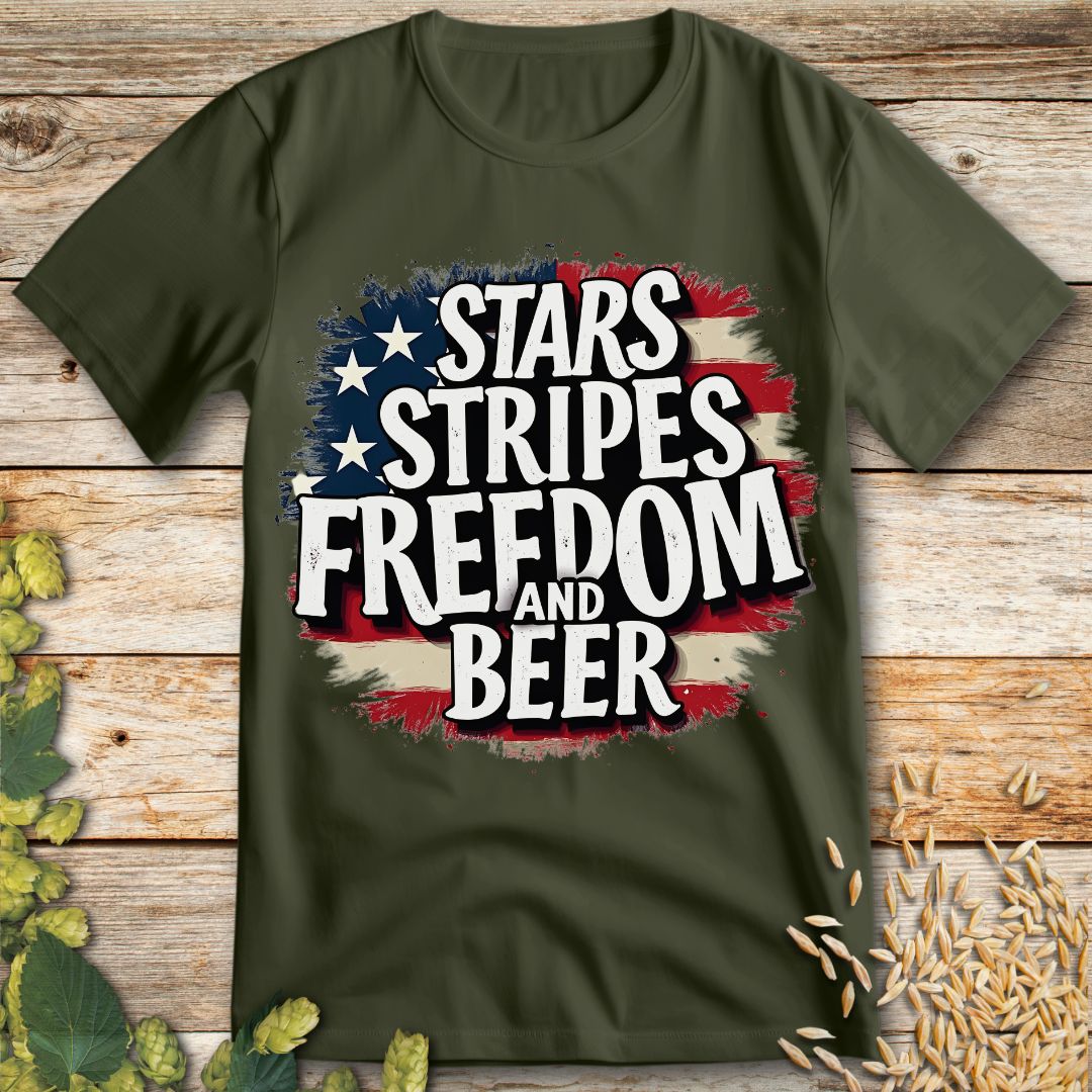Stars Stripes Freedom and Beer T-Shirt in Military Green - Funny beer shirt for craft beer lovers