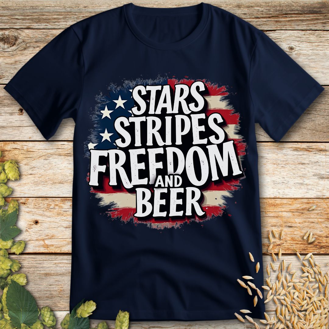 Stars Stripes Freedom and Beer T-Shirt in Navy - Funny beer shirt for craft beer lovers