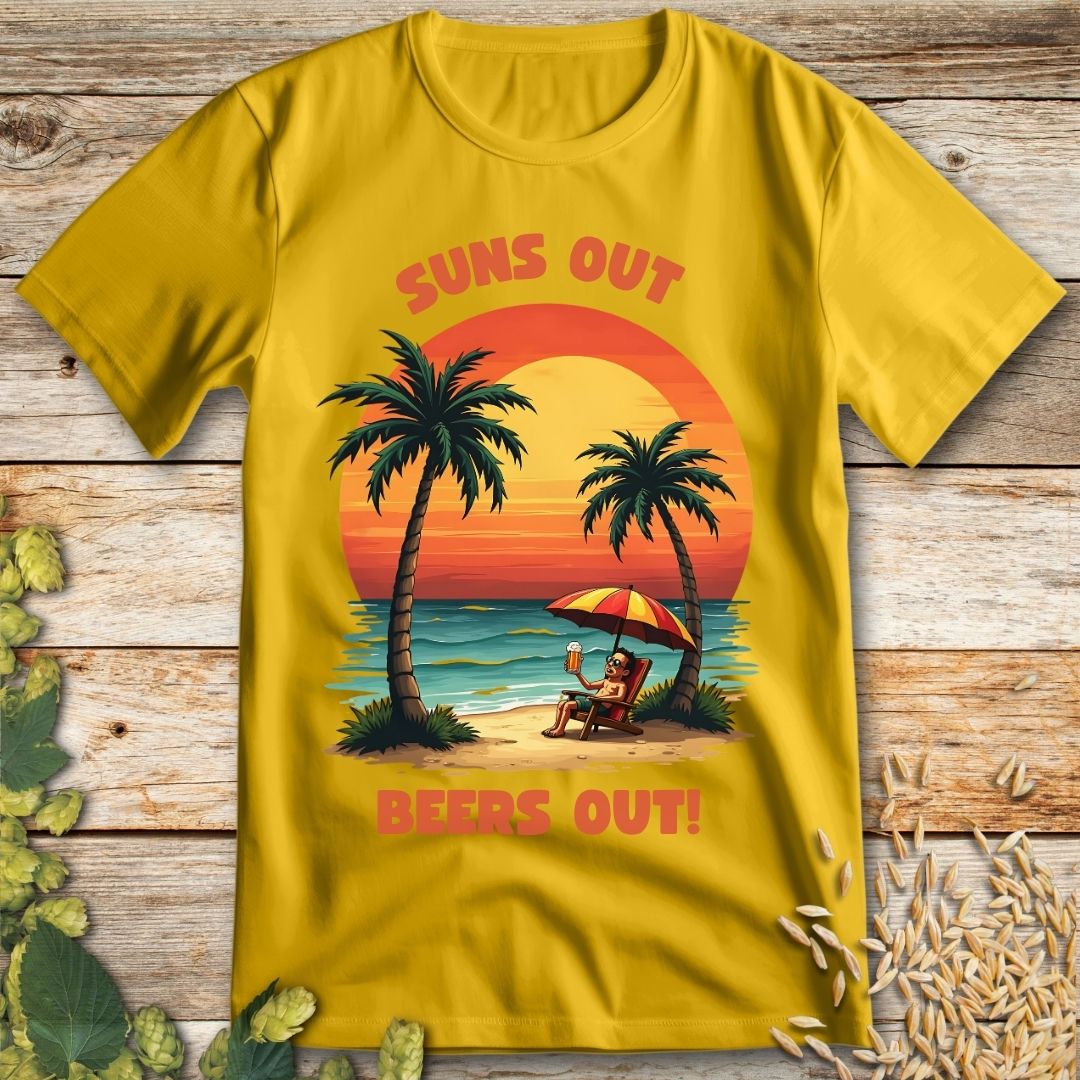 Suns Out Beers Out T-Shirt in Daisy - Funny beer shirt for craft beer lovers