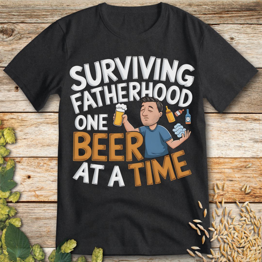 Surviving Fatherhood One Beer at a Time T-Shirt in Dark Heather - Funny beer shirt for craft beer lovers