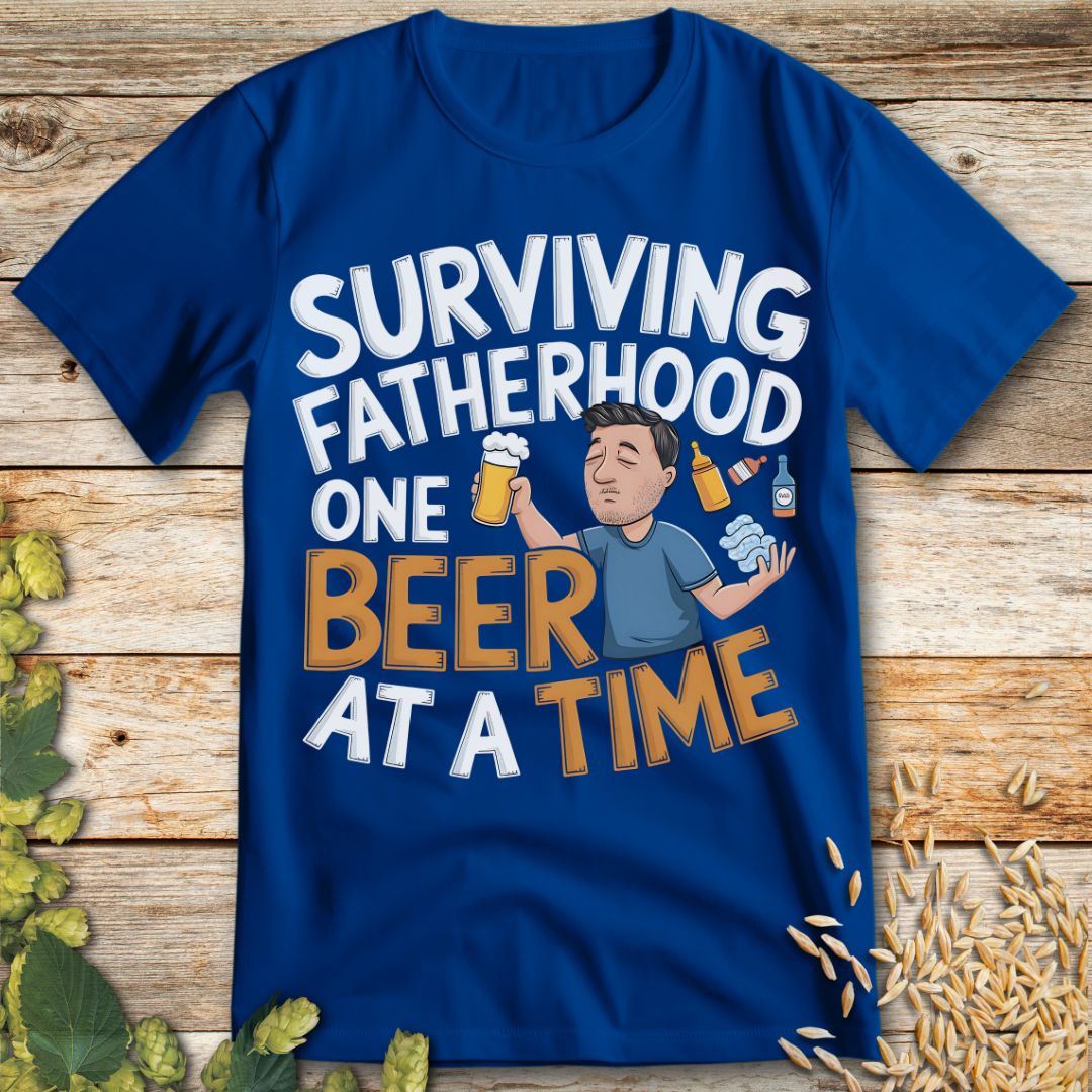 Surviving Fatherhood One Beer at a Time T-Shirt in Royal Blue - Funny beer shirt for craft beer lovers