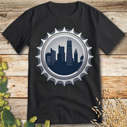 City Skyline Bottle Cap T-Shirt in Dark Heather - Funny beer shirt for craft beer lovers