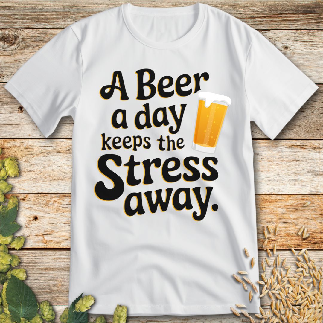 Beer Keeps Stress Away T-Shirt in White - Funny beer shirt for craft beer lovers