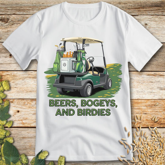 Beers, Bogeys, and Birdies T-Shirt in White - Funny beer shirt for craft beer lovers