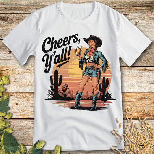 Cheers Yall Beer Cowgirl T-Shirt in White - Funny beer shirt for craft beer lovers