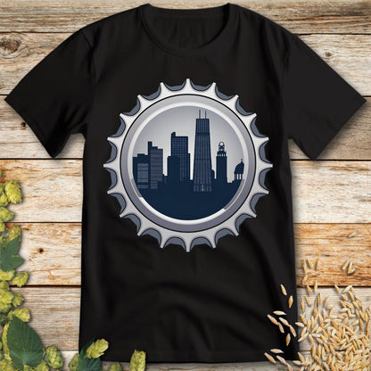 City Skyline Bottle Cap T-Shirt in Black - Funny beer shirt for craft beer lovers
