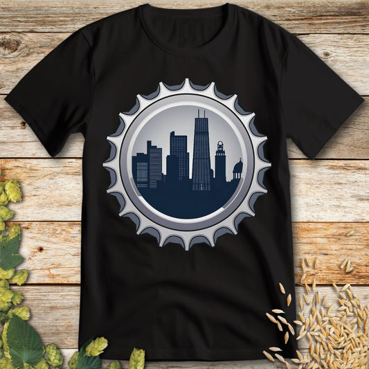 City Skyline Bottle Cap T-Shirt in Black - Funny beer shirt for craft beer lovers