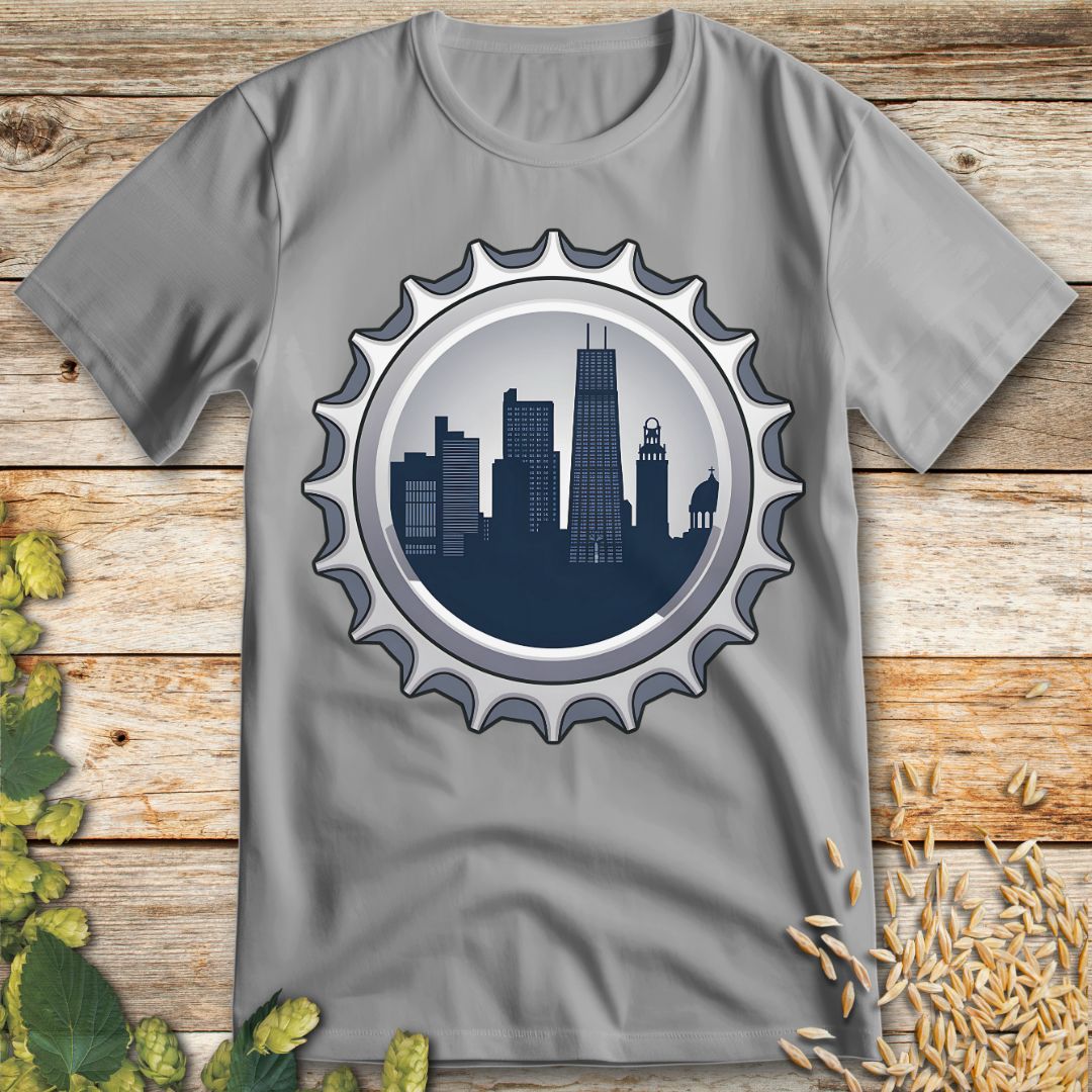 City Skyline Bottle Cap T-Shirt in Ice Grey - Funny beer shirt for craft beer lovers