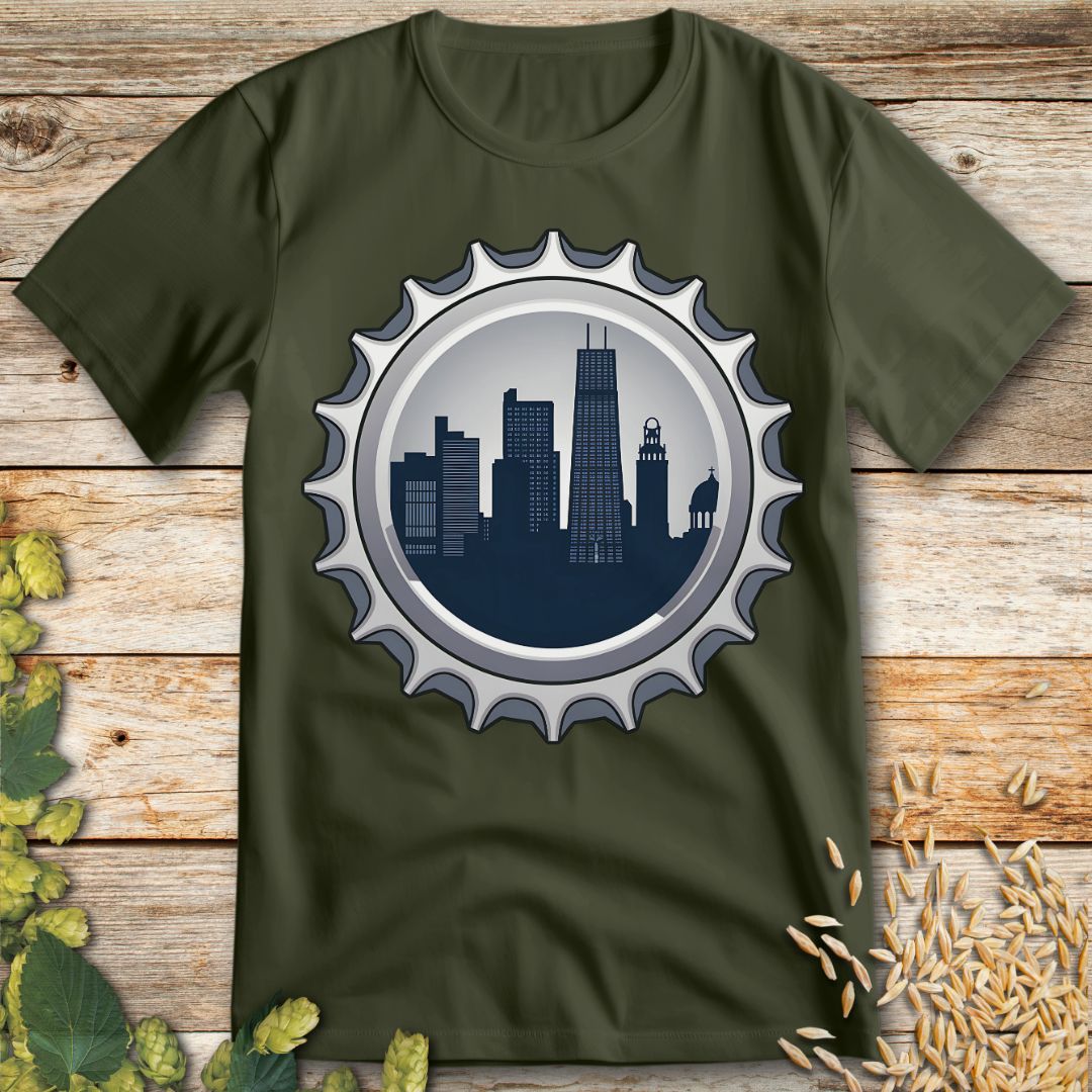 City Skyline Bottle Cap T-Shirt in Military Green - Funny beer shirt for craft beer lovers