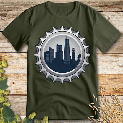 City Skyline Bottle Cap T-Shirt in Military Green - Funny beer shirt for craft beer lovers