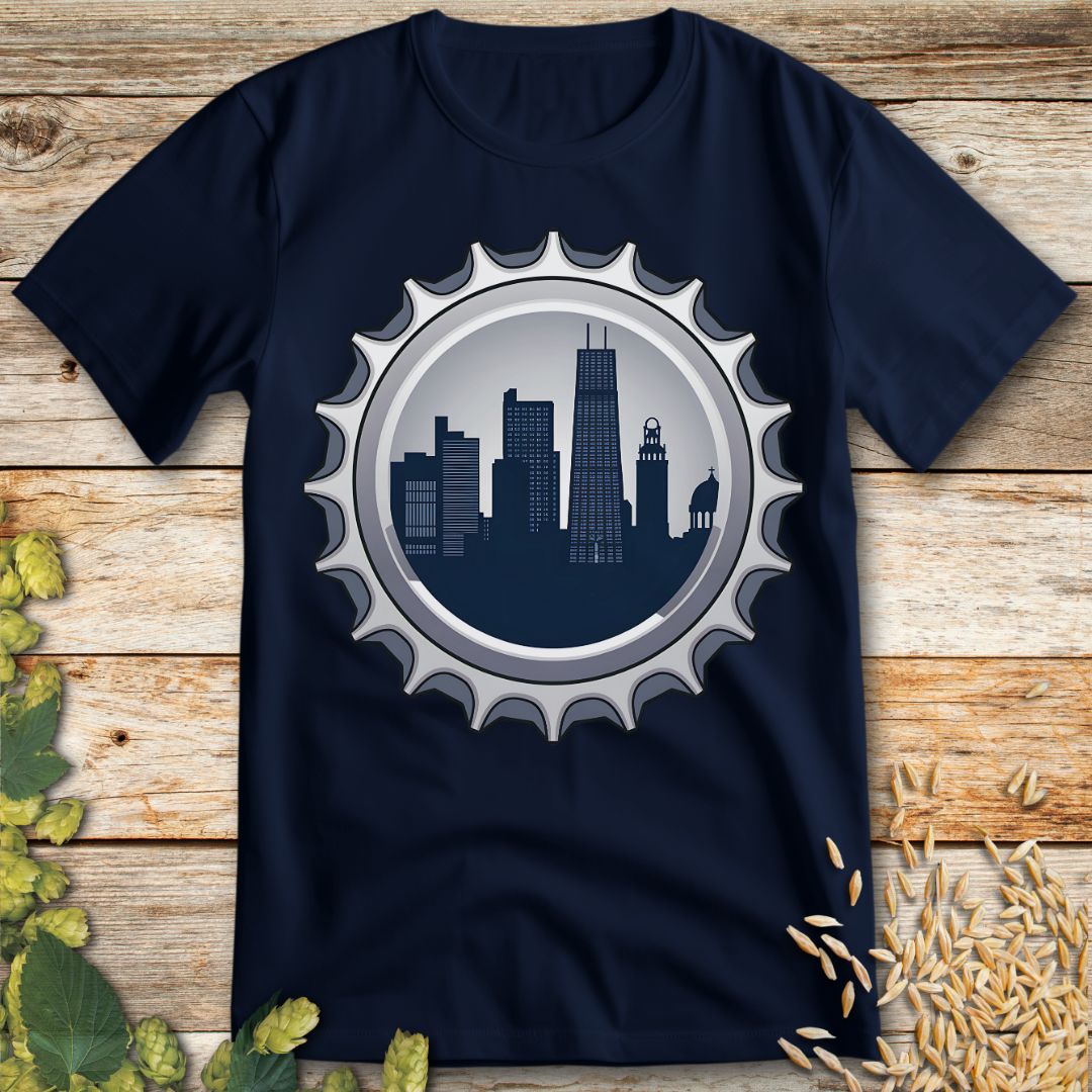 City Skyline Bottle Cap T-Shirt in Navy - Funny beer shirt for craft beer lovers