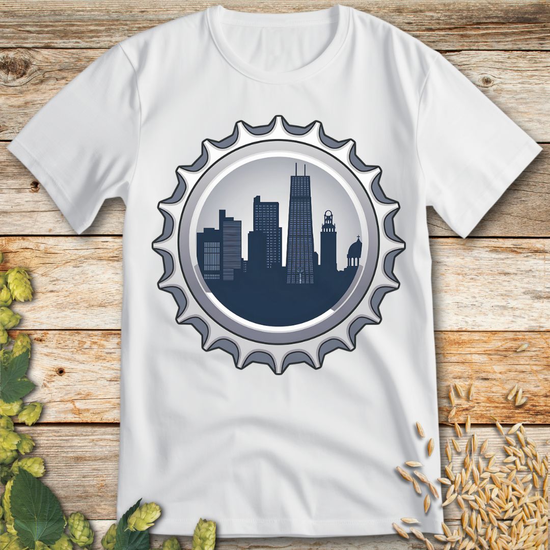 City Skyline Bottle Cap T-Shirt in White - Funny beer shirt for craft beer lovers