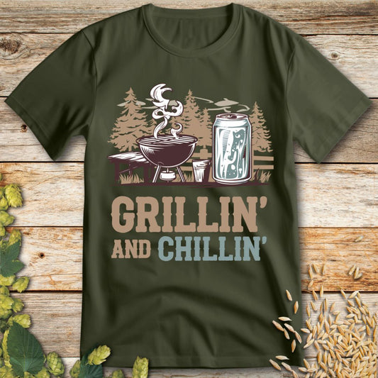 Grillin and Chillin T-Shirt in Military Green - Funny beer shirt for craft beer lovers