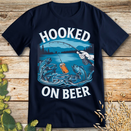 Hooked on Beer Fishing T-Shirt in Navy - Funny beer shirt for craft beer lovers